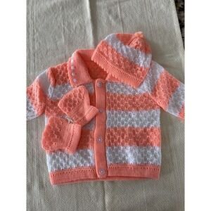 Beautifully Knitted Baby‎ Sweater, Mittens And Cap Brand New 3454 Orange & White